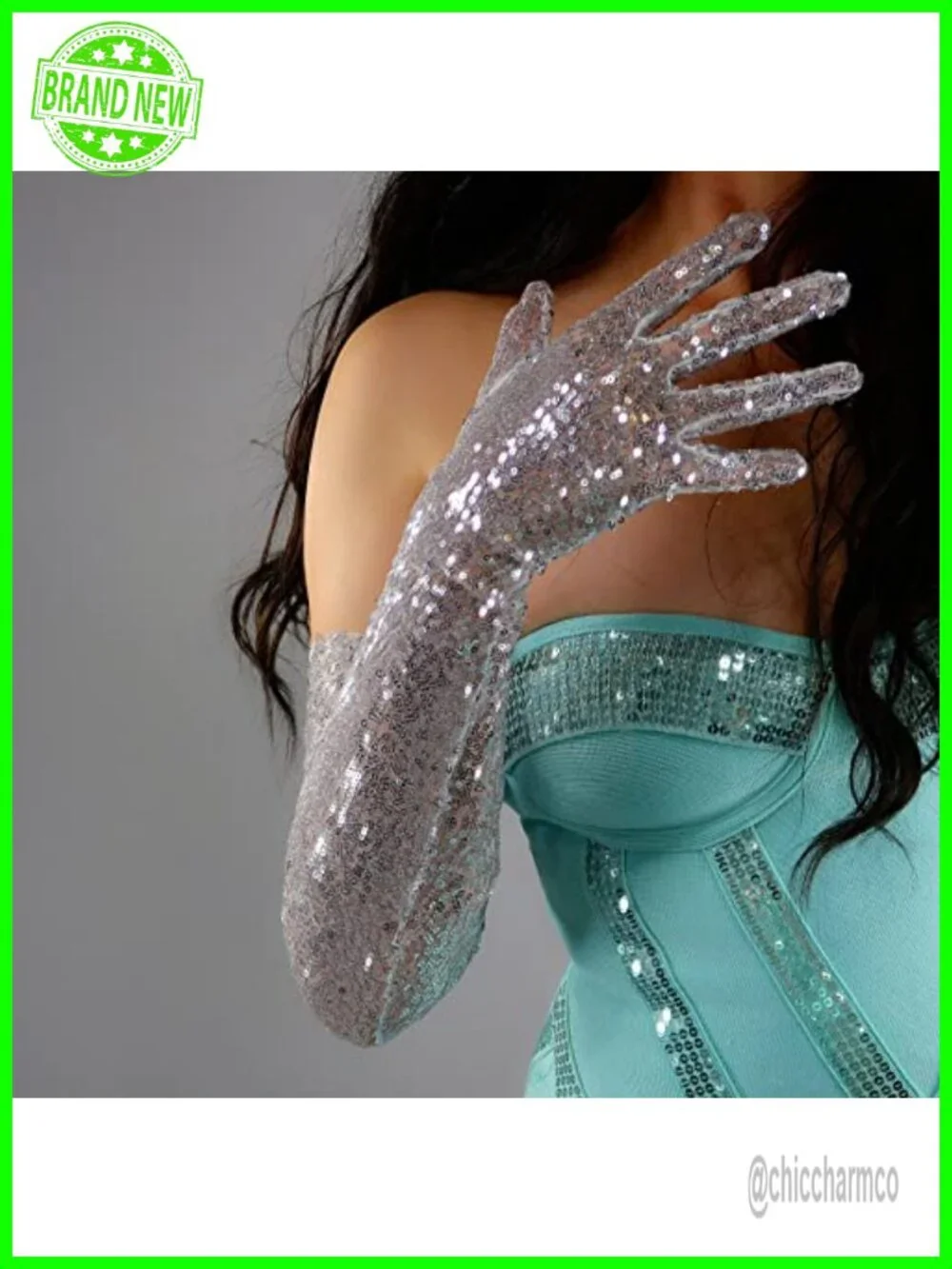 Sequin Long Gloves for Women Tulle Lace Mesh Semi Sheer Evening Party Glove